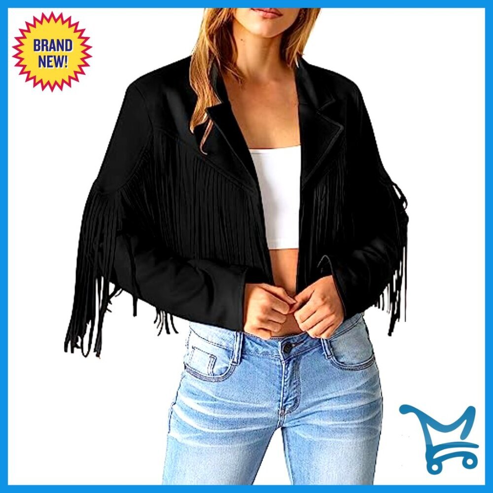 Faux Suede Fringe Cropped Jacket Y2K Chic Motorcycle Style Open Front - Picture 2 of 7